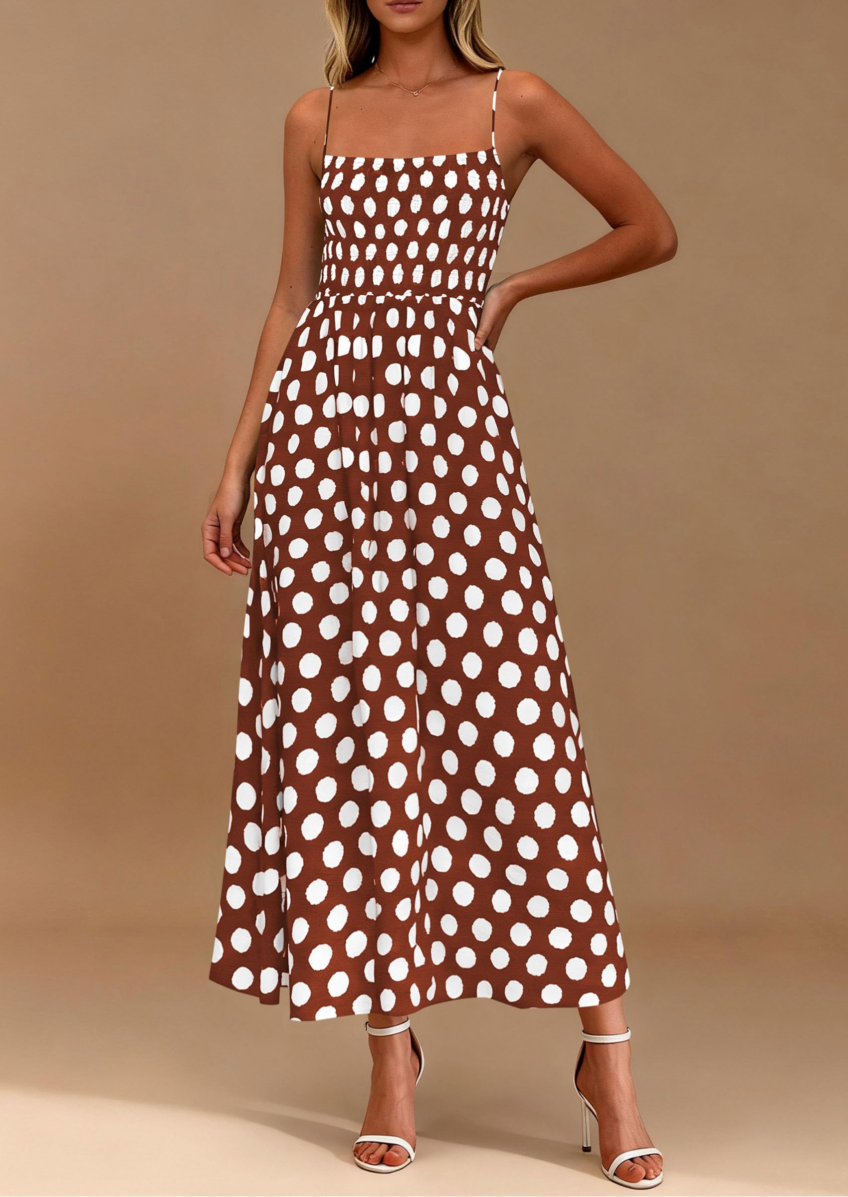 PRETTYGARDEN Womens Summer Dresses Spring Sleeveless Spaghetti Straps Casual Midi Dress Polka Dot Smocked Beach Sundress PRETTYGARDEN