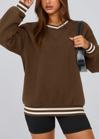 PRETTYGARDEN Women's Oversized Sweatshirts Casual Long Sleeve Stripes Knit V Neck Pullover Top Fall Teens Preppy Clothes