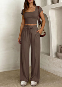 PRETTYGARDEN Women's 2 Piece Matching Lounge Sets Ribbed Short Sleeve Crop Tops Wide Leg Pants Summer Airport Outfits PRETTYGARDEN