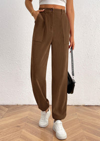 Women's Dressy Casual Pants Elastic High Waisted Work Office Corduroy Trouser Slacks with Pockets