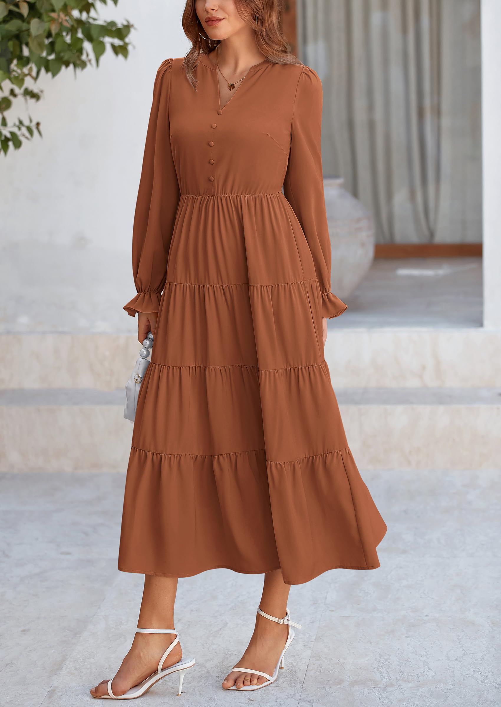 PRETTYGARDEN Women Fall Long Sleeve Smocked Maxi Dress Casual Square Neck Swiss Dot Tiered Ruffle Flowy Spring Pocket Dresses