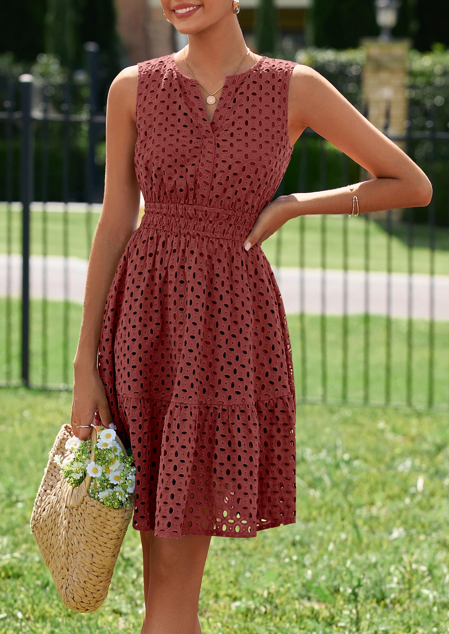 PRETTYGARDEN Women's Summer Dresses Sleeveless V Neck Eyelet Hollow Out Swing A Line Beach Vacation Sun Dress PRETTYGARDEN