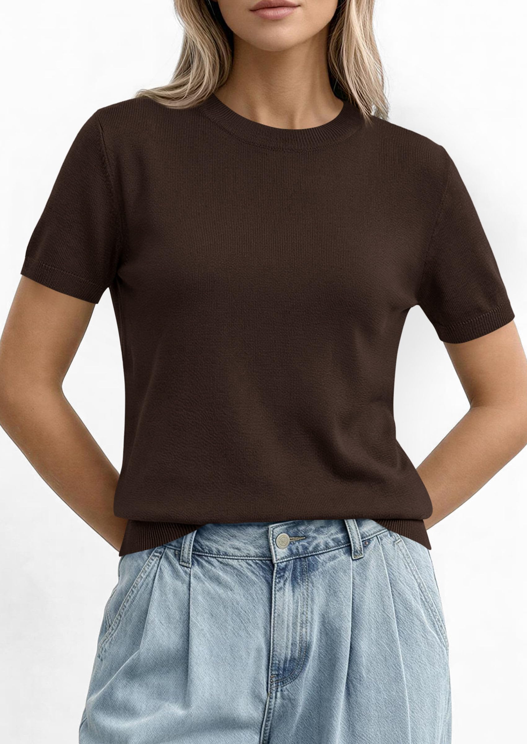 PRETTYGARDEN Women's Short Sleeve Sweaters Spring Crew Neck Knit Work Shirts Business Casual Tops Summer Fashion Clothes PRETTYGARDEN