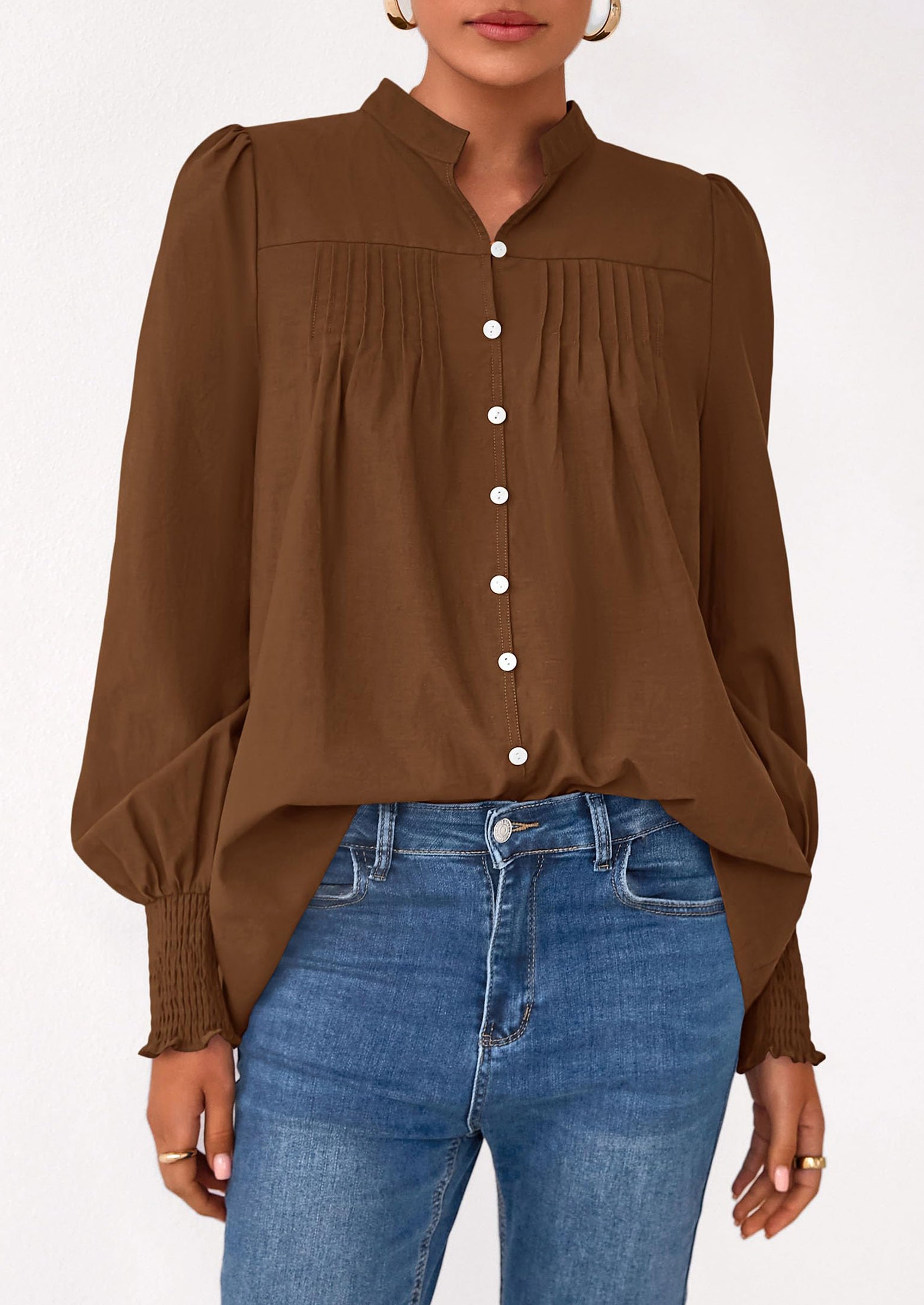 PRETTYGARDEN Womens Fall Lantern Long Sleeve Shirts Trendy Button V Neck Pleated Henley Tops Loose Work Blouses