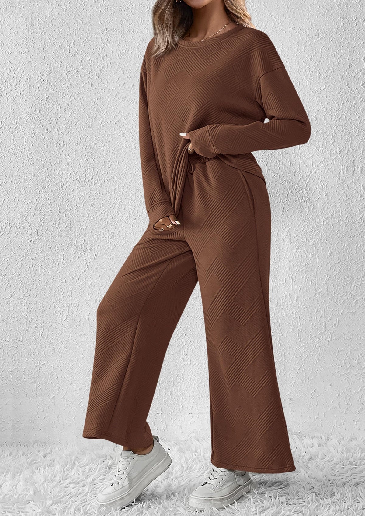 2 Piece Outfits Fall Casual Long Sleeve Pullover Tops and Wide Leg Pants Knitted Lounge Sets