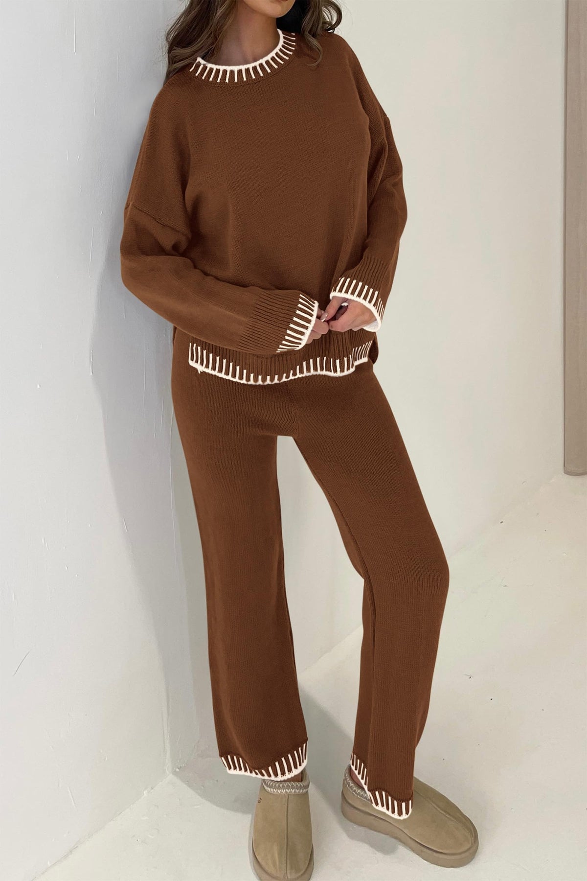 2 Piece Knitted Casual Long Sleeve Pullover Wide Leg Pant Set