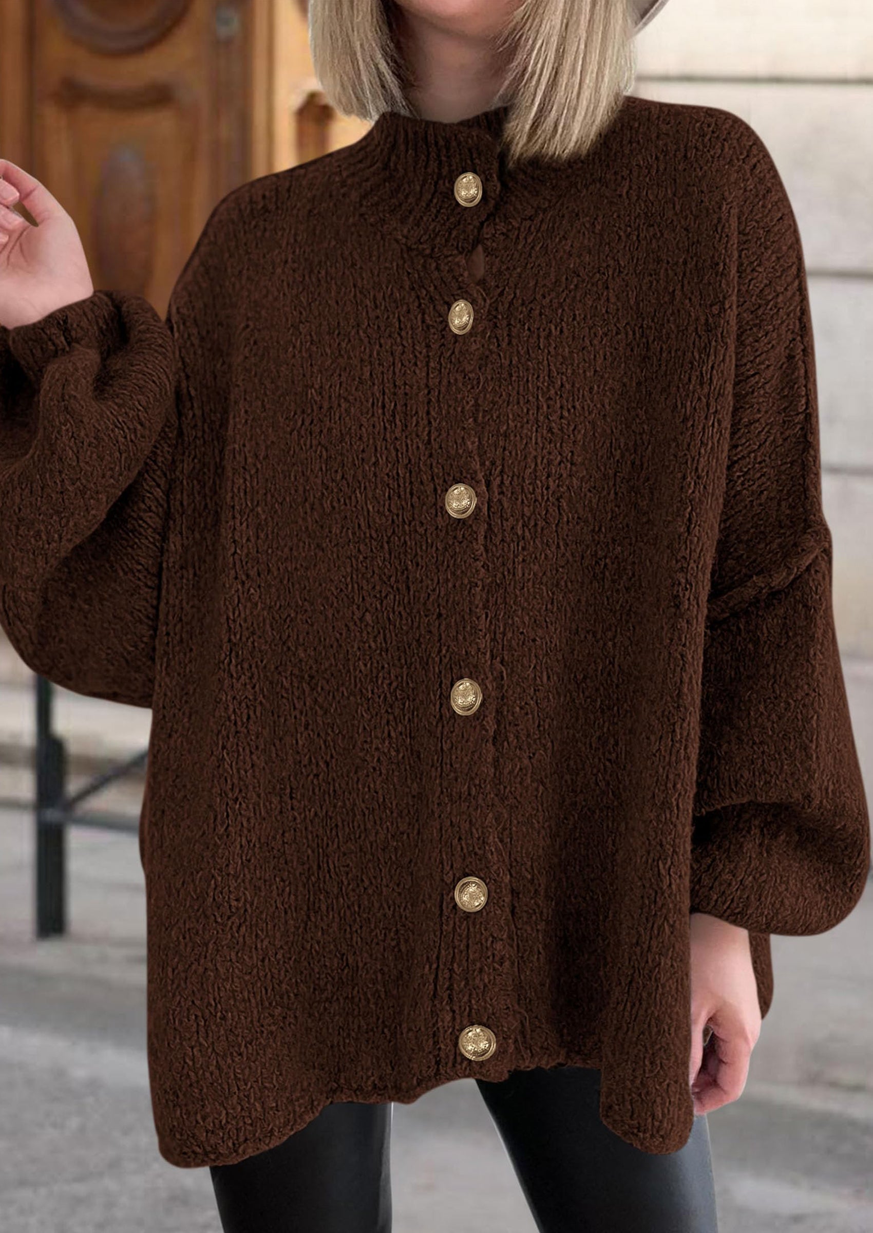 PRETTYGARDEN Women's Winter Button Down Cardigan Sweaters Mock Neck Lantern Long Sleeve Chunky Knit Jacket Trendy Outerwear