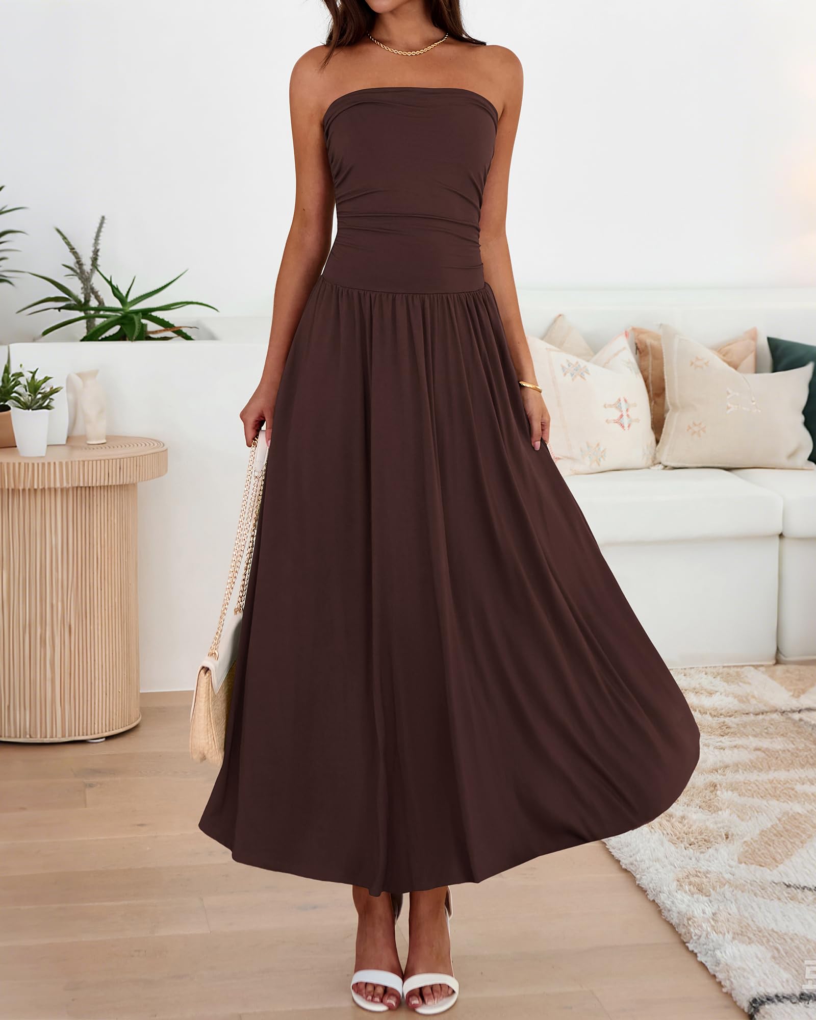 BTFBM Summer Maxi Dresses for Women Strapless Ruched Tube Top Beach Vacation Spring Wedding Guest Dress Pockets PRETTYGARDEN