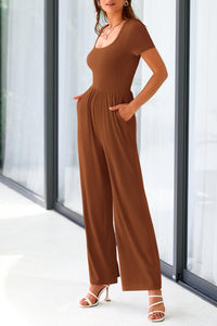 Summer One Piece Jumpsuits Dressy Casual Short Sleeve Square Neck Wide Leg Jumpsuit Rompers