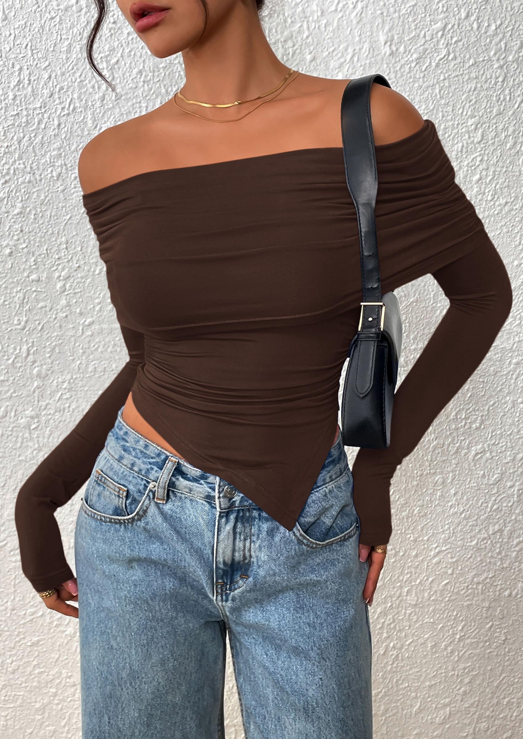 PRETTYGARDEN Women's Long Sleeve Shirts Off Shoulder Tops Going Out Slim Fitted Y2K Blouses Fall Fashion Clothes