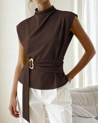 PRETTYGARDEN Women Blouses Spring Dressy Cap Sleeve Mock Neck Work Shirts Buckle Tunic Summer Business Casual Tops PRETTYGARDEN