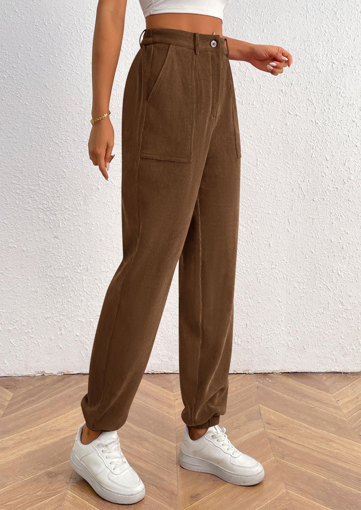 Women's Dressy Casual Pants Elastic High Waisted Work Office Corduroy Trouser Slacks with Pockets