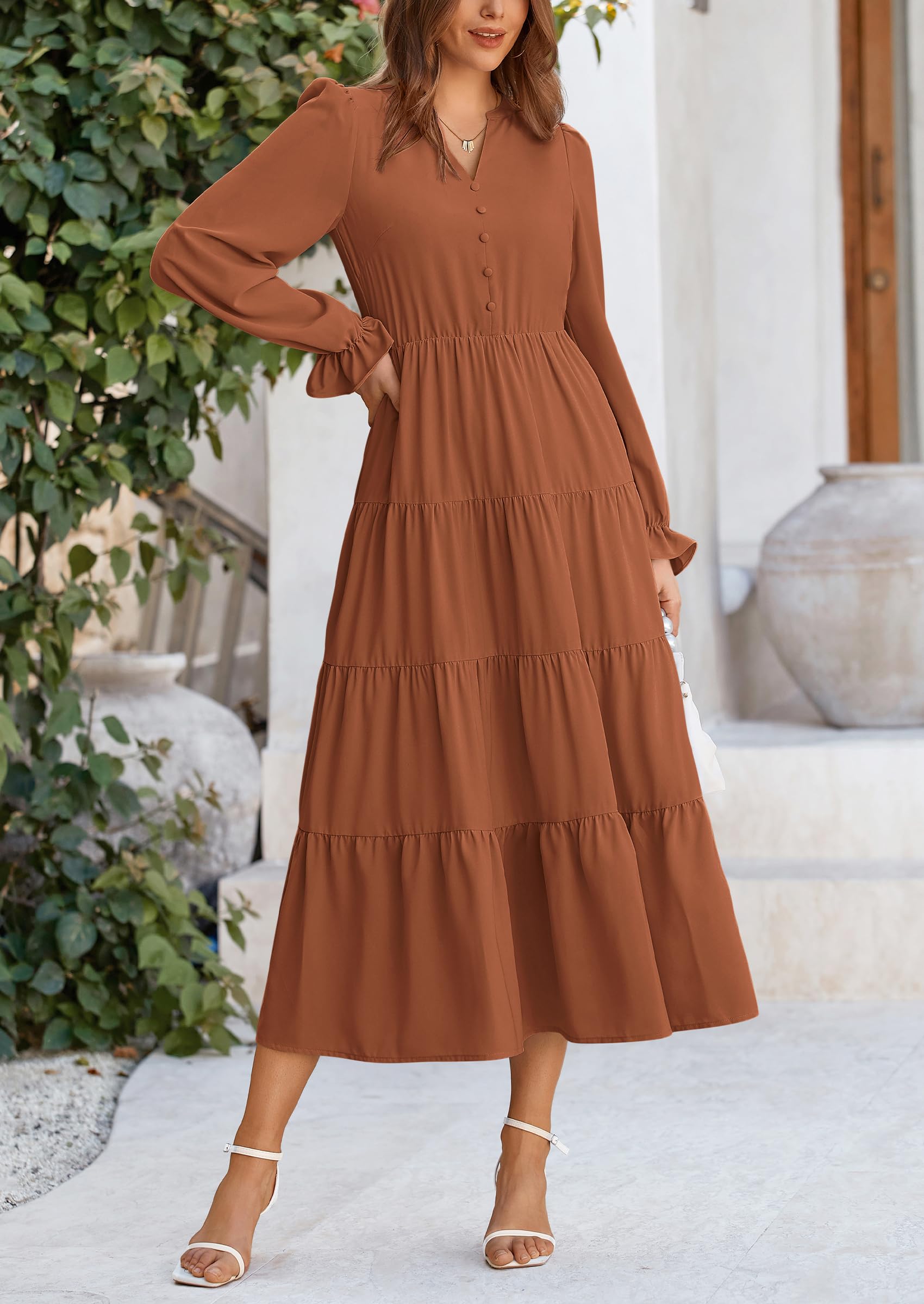 PRETTYGARDEN Women Fall Long Sleeve Smocked Maxi Dress Casual Square Neck Swiss Dot Tiered Ruffle Flowy Spring Pocket Dresses