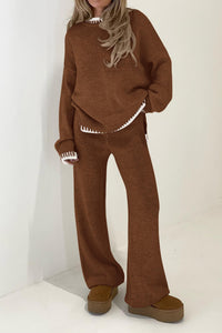 2 Piece Knitted Casual Long Sleeve Pullover Wide Leg Pant Set