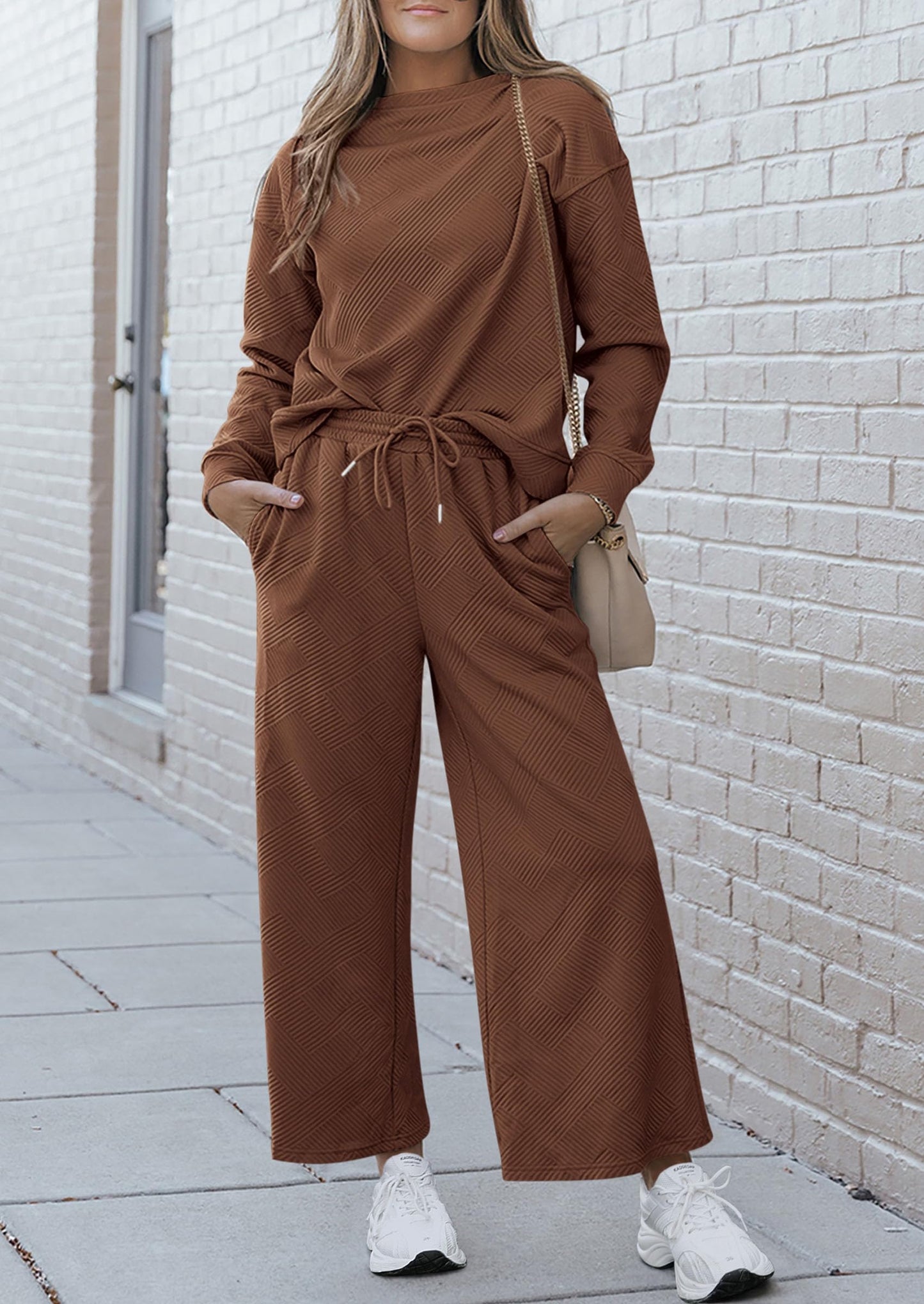 2 Piece Outfits Fall Casual Long Sleeve Pullover Tops and Wide Leg Pants Knitted Lounge Sets