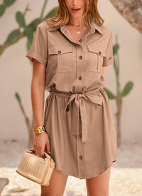 Casual Summer Short Sleeve Button Down V Neck Collared Belted Pocket Dresses