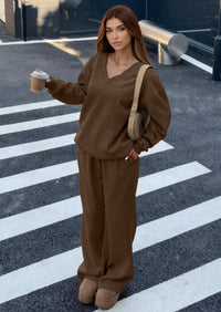 PRETTYGARDEN Casual Winter Two Piece Sets for Women V Neck Sweatshirt Loose Wide Leg Pants Tracksuit Knit Fall Outfits PRETTYGARDEN
