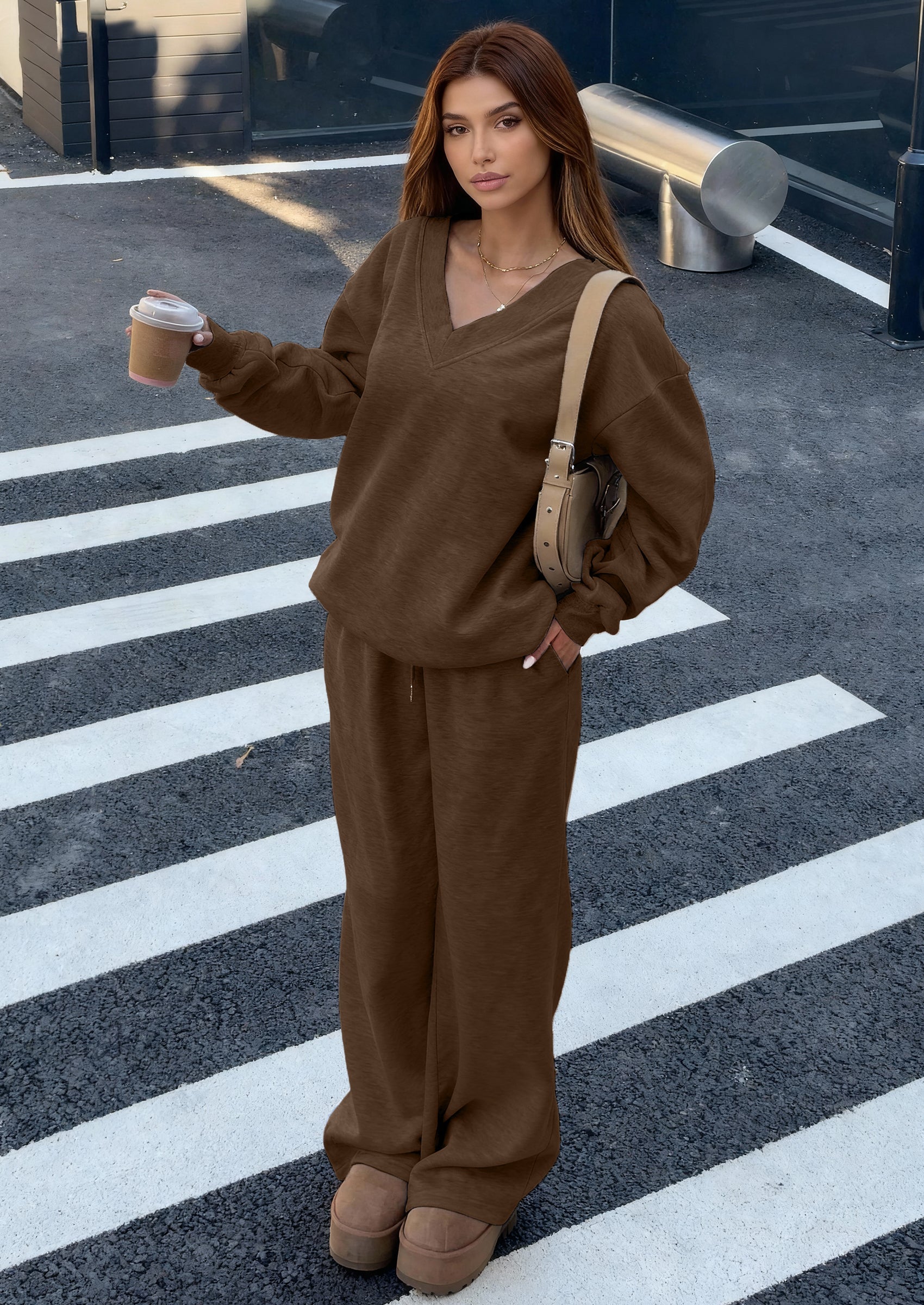 PRETTYGARDEN Casual Winter Two Piece Sets for Women V Neck Sweatshirt Loose Wide Leg Pants Tracksuit Knit Fall Outfits PRETTYGARDEN