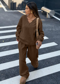 PRETTYGARDEN Casual Winter Two Piece Sets for Women V Neck Sweatshirt Loose Wide Leg Pants Tracksuit Knit Fall Outfits PRETTYGARDEN