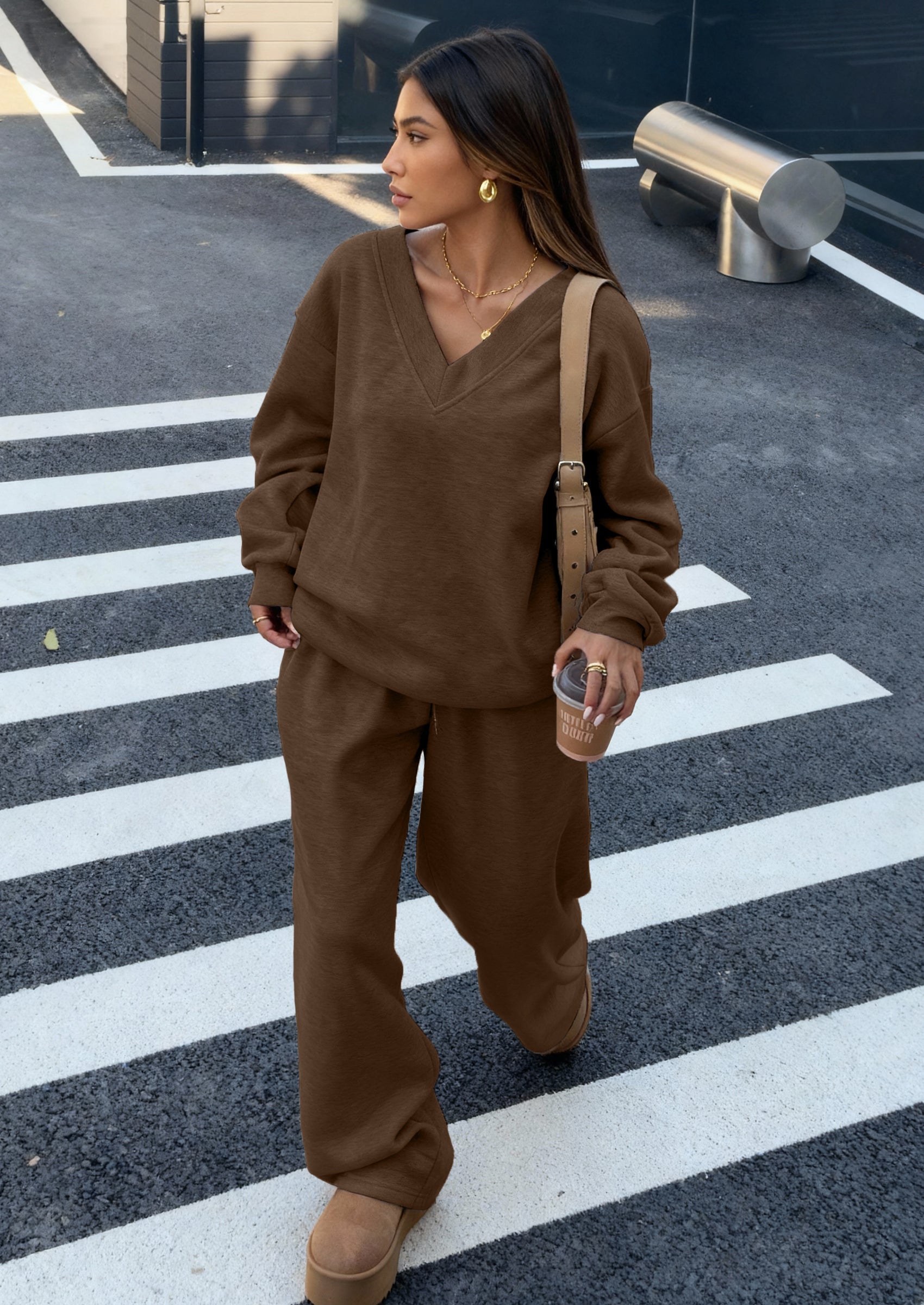 PRETTYGARDEN Casual Winter Two Piece Sets for Women V Neck Sweatshirt Loose Wide Leg Pants Tracksuit Knit Fall Outfits PRETTYGARDEN