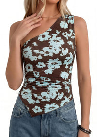 PRETTYGARDEN Women's Floral Mesh Tops Summer Asymmetrical One Shoulder Sleeveless Ruched Shirts Spring Going Out Clothes PRETTYGARDEN