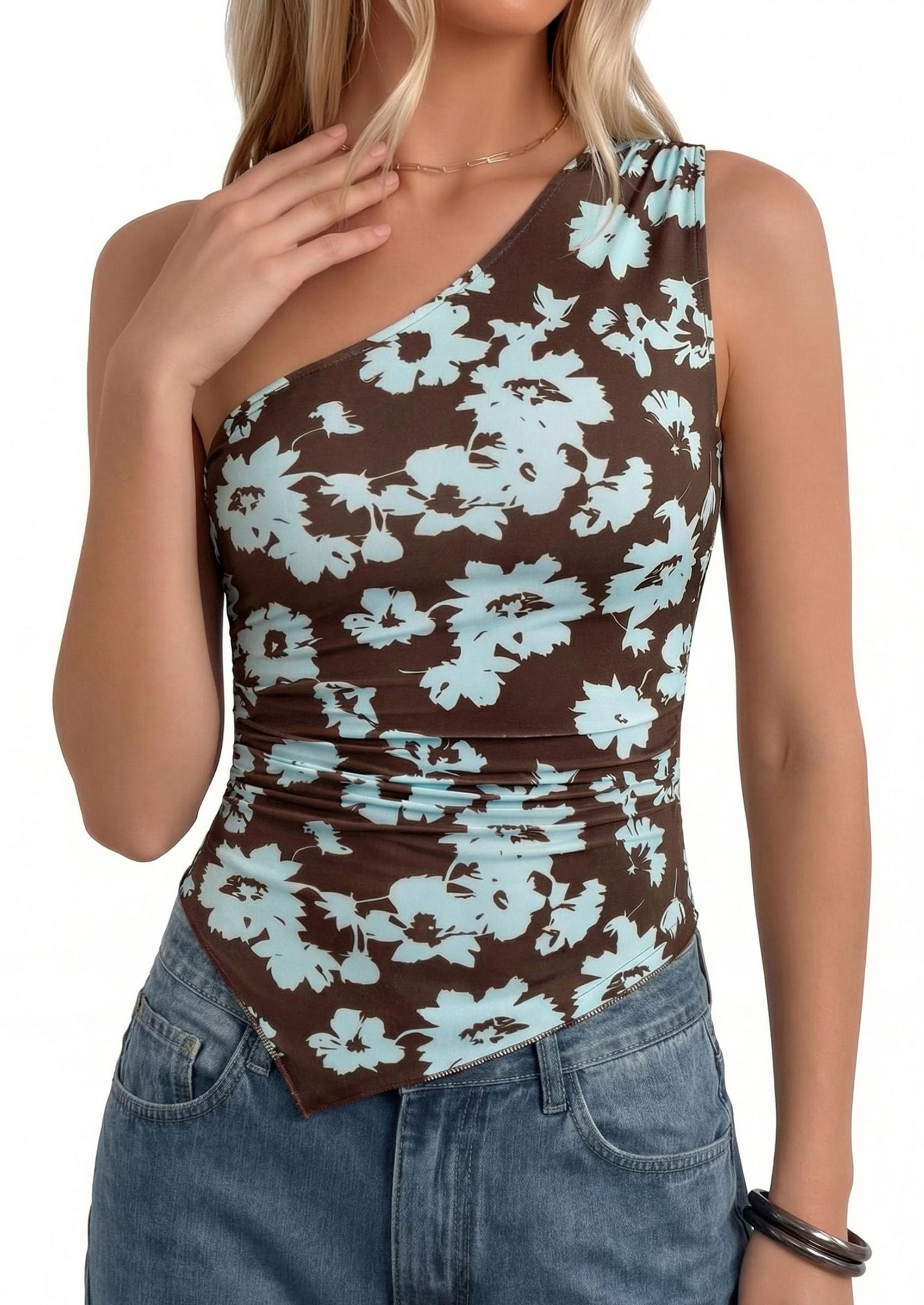 PRETTYGARDEN Women's Floral Mesh Tops Summer Asymmetrical One Shoulder Sleeveless Ruched Shirts Spring Going Out Clothes PRETTYGARDEN