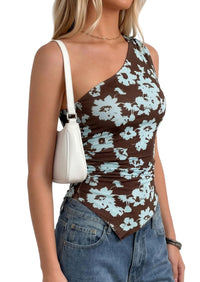 PRETTYGARDEN Women's Floral Mesh Tops Summer Asymmetrical One Shoulder Sleeveless Ruched Shirts Spring Going Out Clothes PRETTYGARDEN