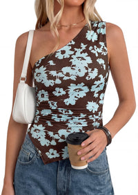 PRETTYGARDEN Women's Floral Mesh Tops Summer Asymmetrical One Shoulder Sleeveless Ruched Shirts Spring Going Out Clothes PRETTYGARDEN