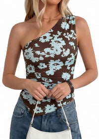 PRETTYGARDEN Women's Floral Mesh Tops Summer Asymmetrical One Shoulder Sleeveless Ruched Shirts Spring Going Out Clothes PRETTYGARDEN