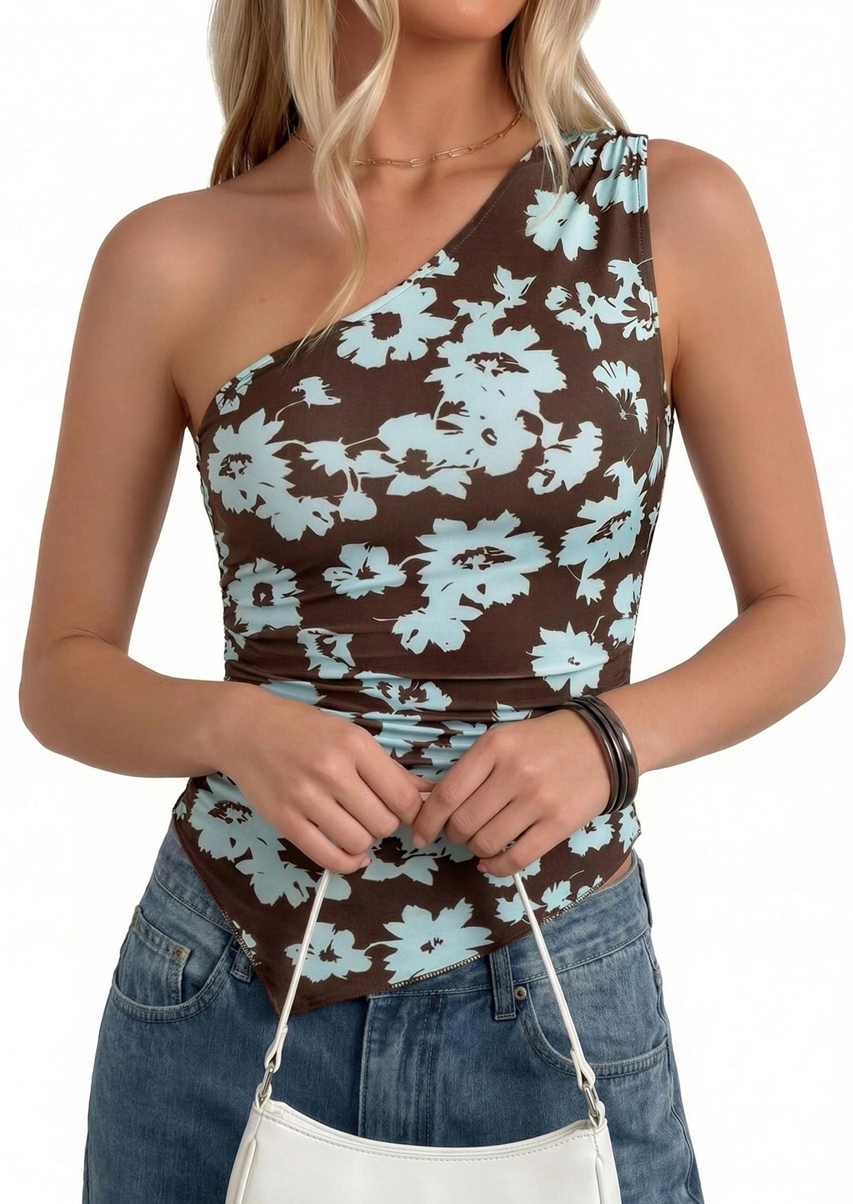 PRETTYGARDEN Women's Floral Mesh Tops Summer Asymmetrical One Shoulder Sleeveless Ruched Shirts Spring Going Out Clothes PRETTYGARDEN