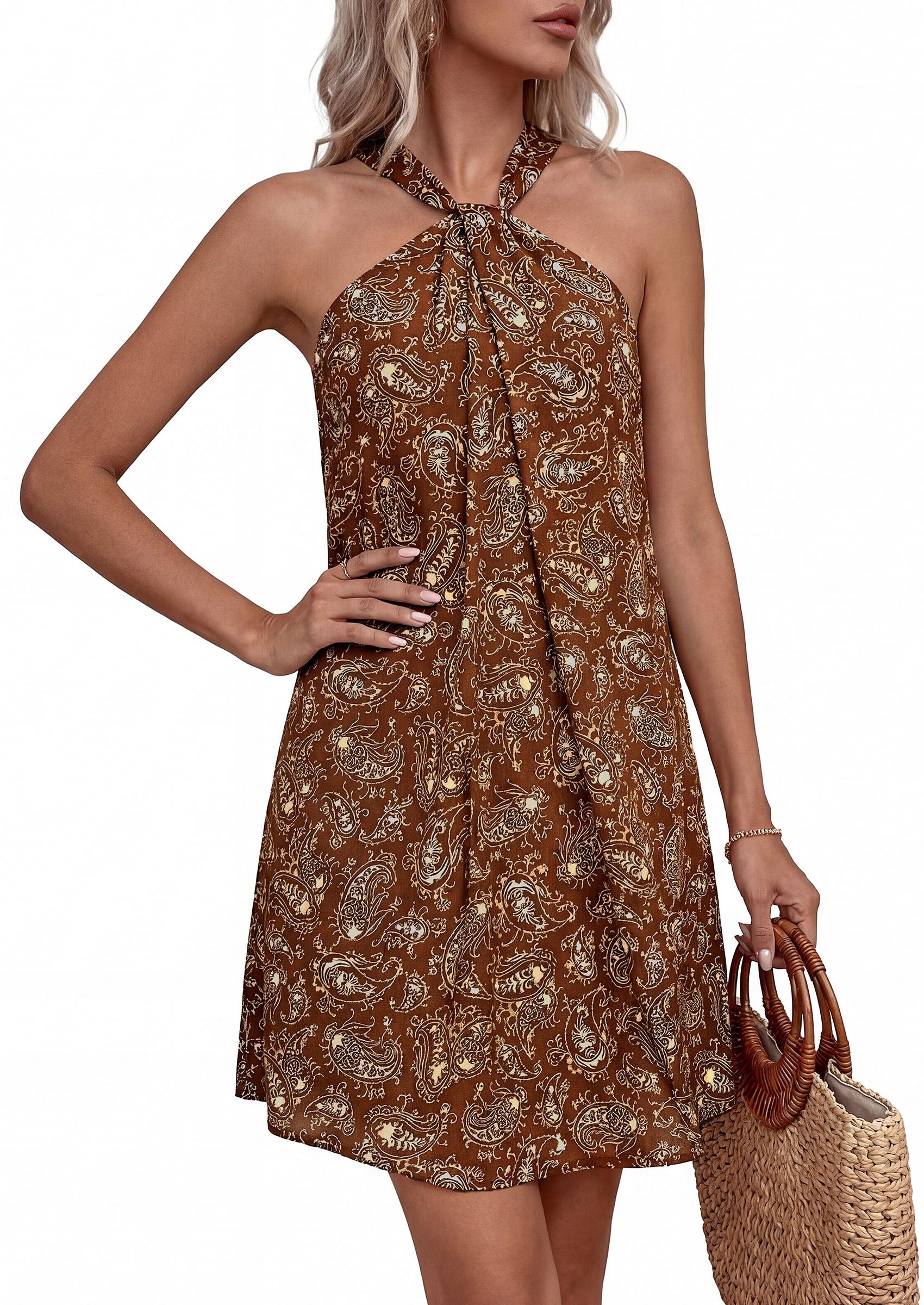 PRETTYGARDEN Womens 2026 Summer Halter Mini Dress Sleeveless Boho Floral Short Sundress Casual Flowy Beach Dresses PRETTYGARDEN