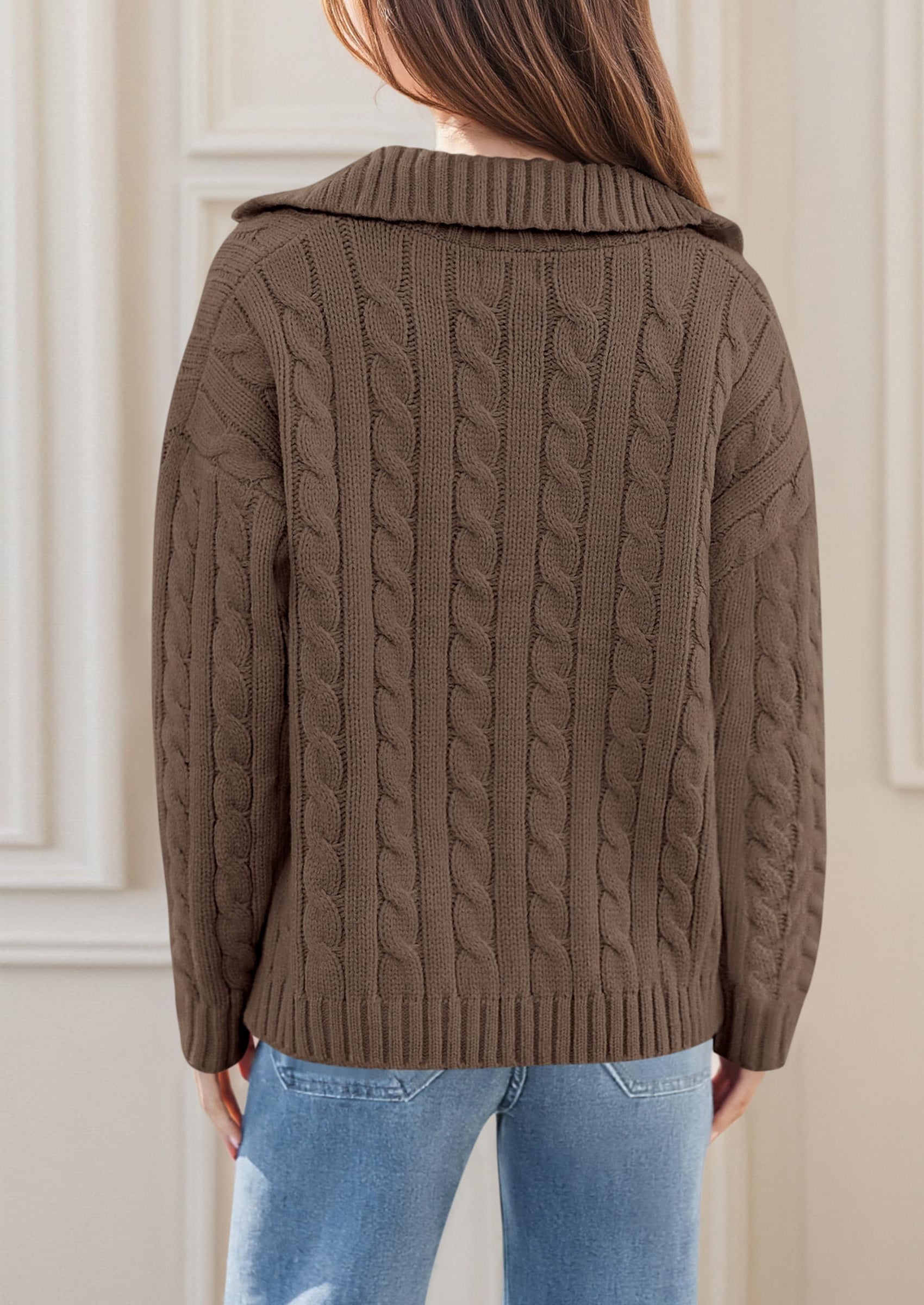 PRETTYGARDEN Fall Cable Knit Oversized Sweaters for Women Polo V Neck Long Sleeve Casual Chunky Sweater Pullover Tops PRETTYGARDEN