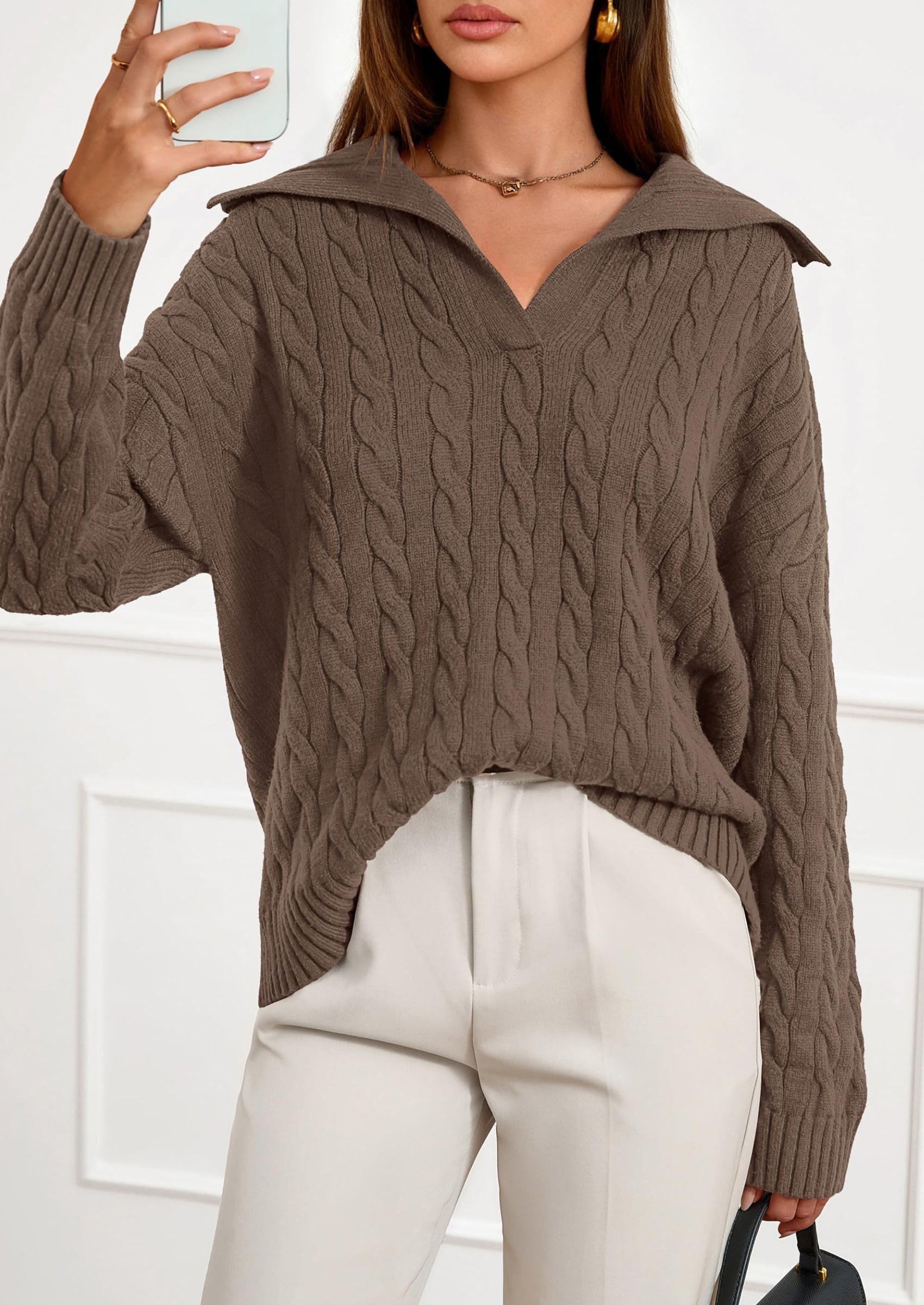 PRETTYGARDEN Fall Cable Knit Oversized Sweaters for Women Polo V Neck Long Sleeve Casual Chunky Sweater Pullover Tops PRETTYGARDEN