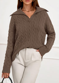 PRETTYGARDEN Fall Cable Knit Oversized Sweaters for Women Polo V Neck Long Sleeve Casual Chunky Sweater Pullover Tops PRETTYGARDEN