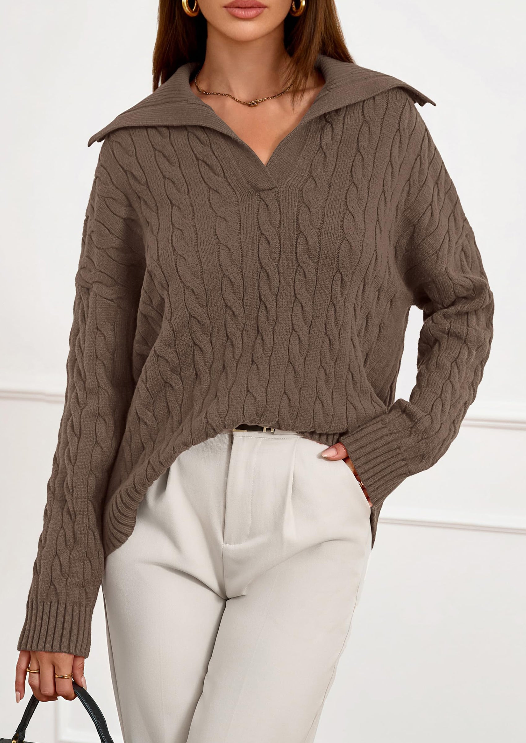 PRETTYGARDEN Fall Cable Knit Oversized Sweaters for Women Polo V Neck Long Sleeve Casual Chunky Sweater Pullover Tops PRETTYGARDEN