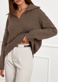 PRETTYGARDEN Fall Cable Knit Oversized Sweaters for Women Polo V Neck Long Sleeve Casual Chunky Sweater Pullover Tops PRETTYGARDEN