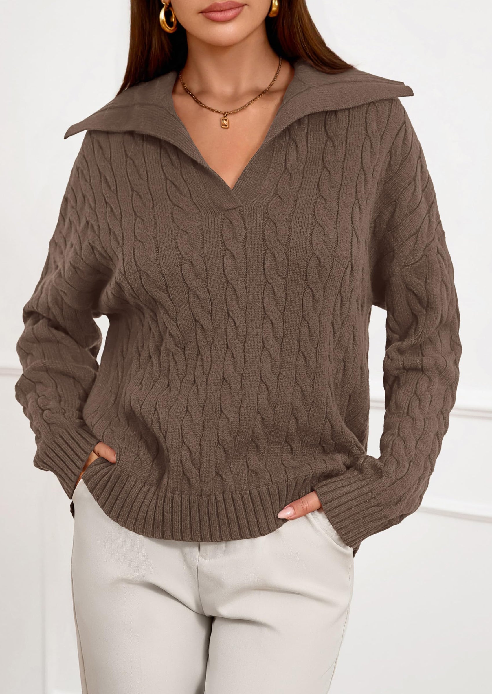 PRETTYGARDEN Fall Cable Knit Oversized Sweaters for Women Polo V Neck Long Sleeve Casual Chunky Sweater Pullover Tops PRETTYGARDEN