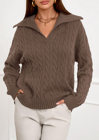 PRETTYGARDEN Fall Cable Knit Oversized Sweaters for Women Polo V Neck Long Sleeve Casual Chunky Sweater Pullover Tops PRETTYGARDEN