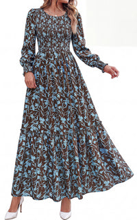 PRETTYGARDEN Womens Long Sleeve Floral Casual Fall Dresses with Pockets Crewneck Smocked Flowy A Line Tiered Boho Maxi Dress, Elegant Classy Wedding Guest Cocktail Party Beach Vacation Outfits