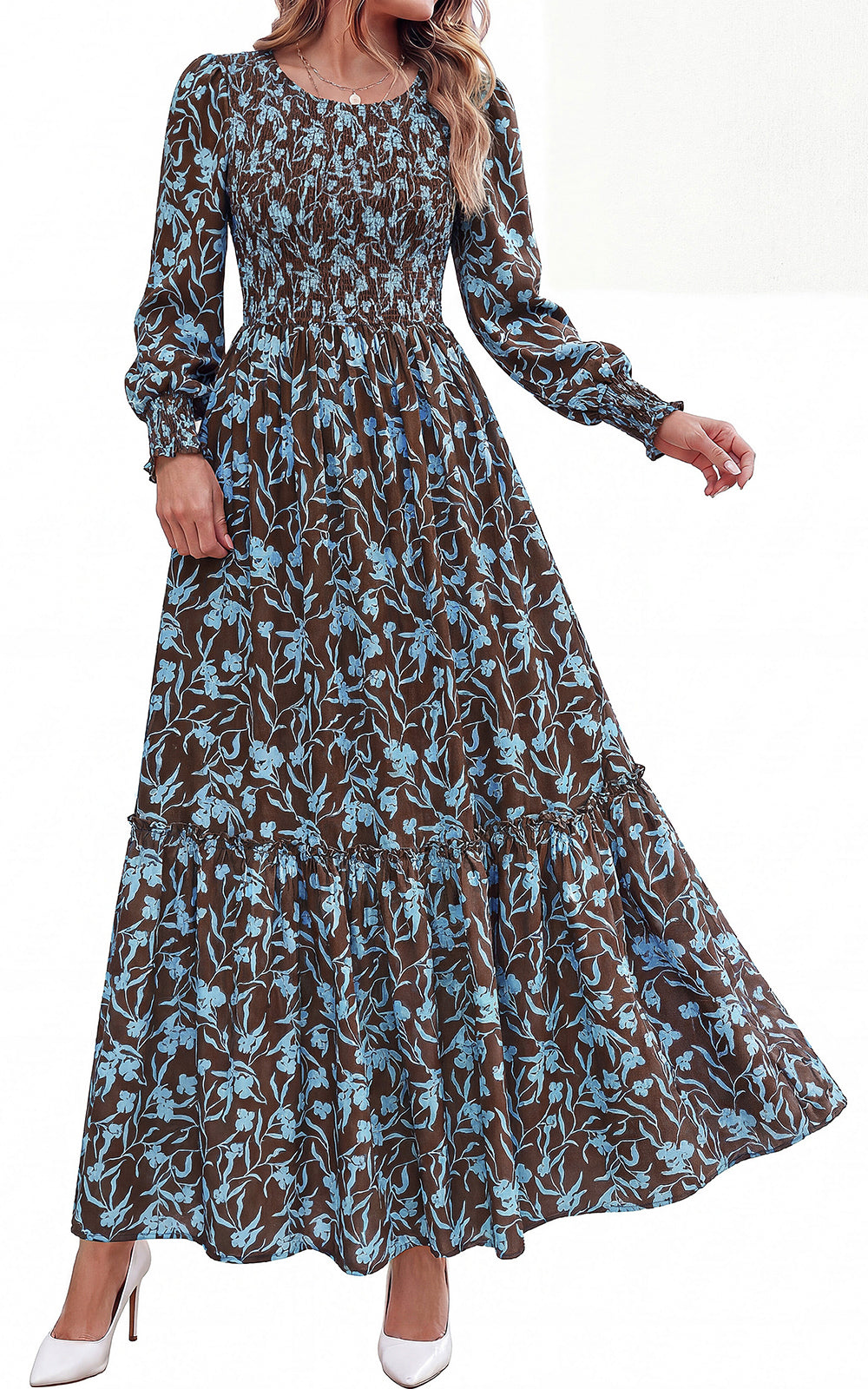 PRETTYGARDEN Womens Long Sleeve Floral Casual Fall Dresses with Pockets Crewneck Smocked Flowy A Line Tiered Boho Maxi Dress, Elegant Classy Wedding Guest Cocktail Party Beach Vacation Outfits