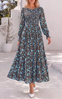 PRETTYGARDEN Womens Long Sleeve Floral Casual Fall Dresses with Pockets Crewneck Smocked Flowy A Line Tiered Boho Maxi Dress, Elegant Classy Wedding Guest Cocktail Party Beach Vacation Outfits