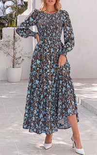 PRETTYGARDEN Womens Long Sleeve Floral Casual Fall Dresses with Pockets Crewneck Smocked Flowy A Line Tiered Boho Maxi Dress, Elegant Classy Wedding Guest Cocktail Party Beach Vacation Outfits