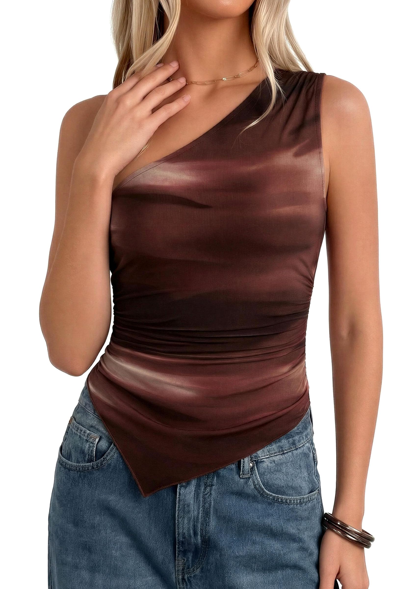 PRETTYGARDEN Women's Floral Mesh Tops Summer Asymmetrical One Shoulder Sleeveless Ruched Shirts Spring Going Out Clothes PRETTYGARDEN