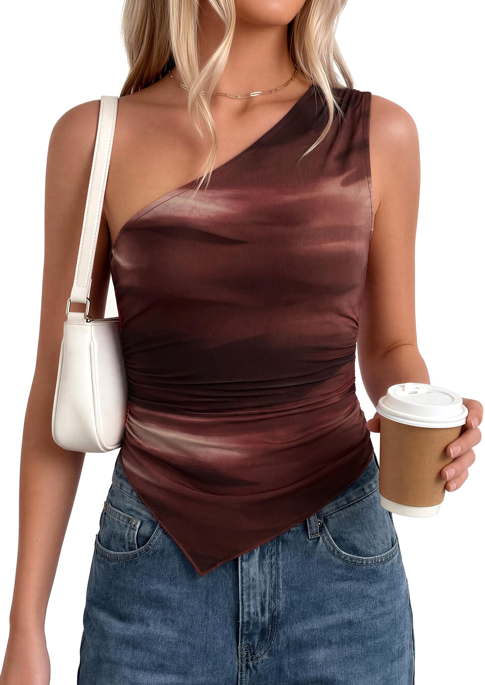 PRETTYGARDEN Women's Floral Mesh Tops Summer Asymmetrical One Shoulder Sleeveless Ruched Shirts Spring Going Out Clothes PRETTYGARDEN