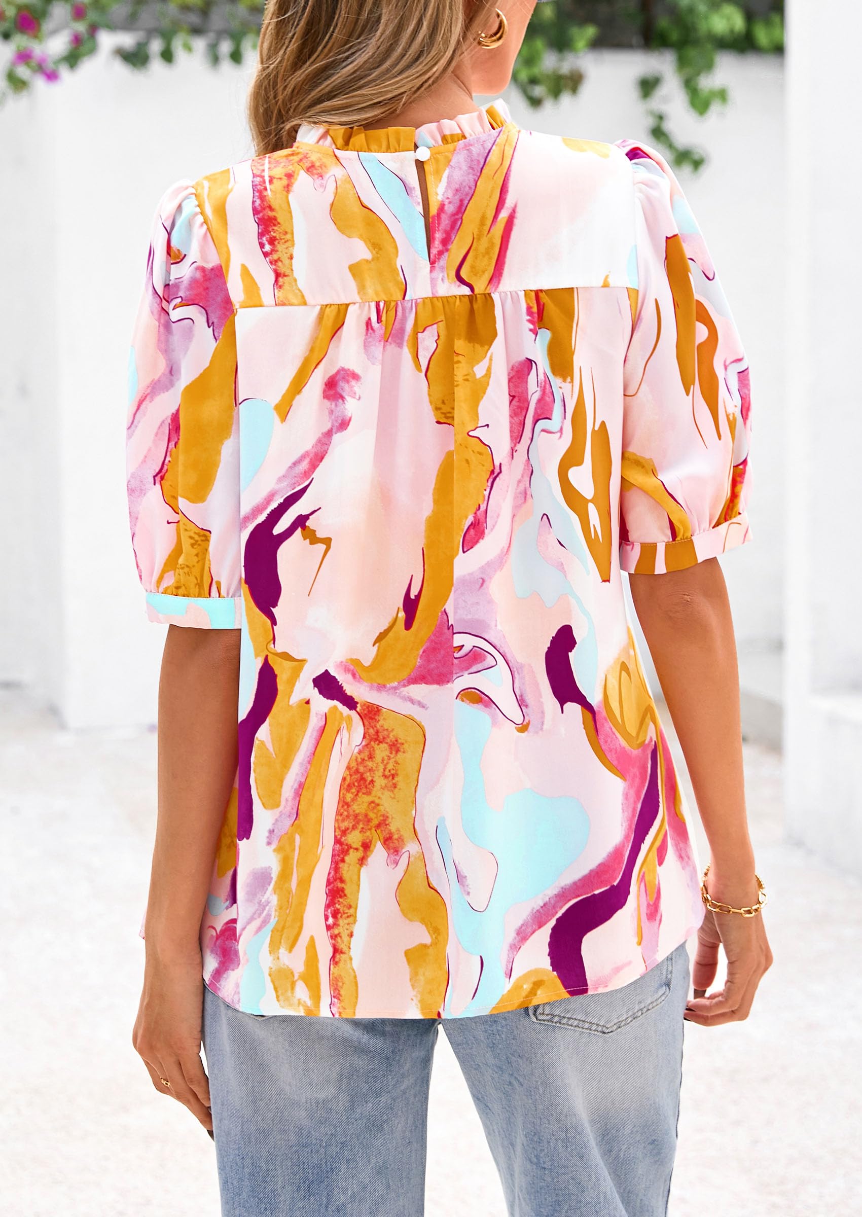 PRETTYGARDEN Floral Tops for Women Blouses Dressy Casual Summer Trendy Outfits Boho Pleated Short Sleeve Shirts