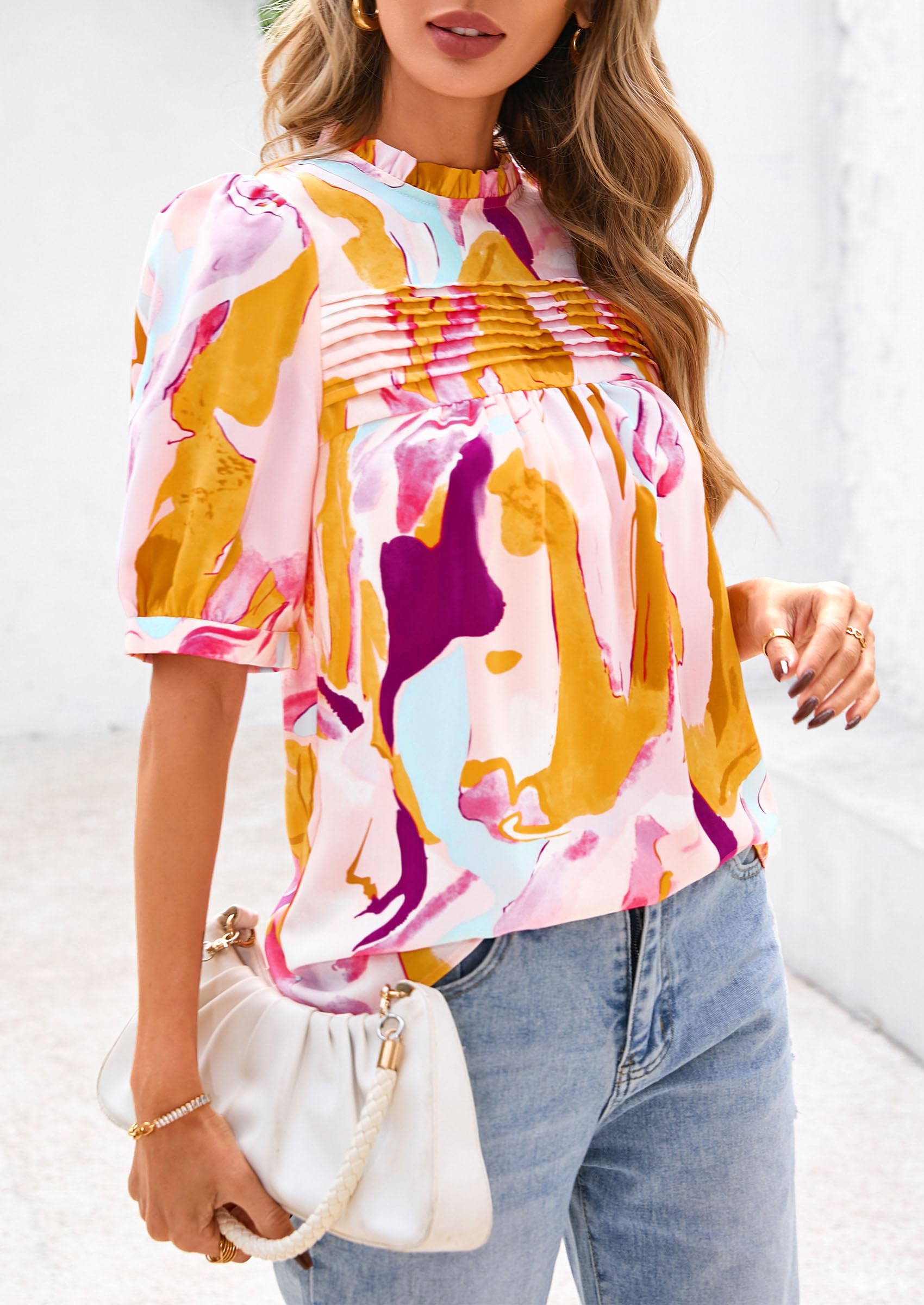 PRETTYGARDEN Floral Tops for Women Blouses Dressy Casual Summer Trendy Outfits Boho Pleated Short Sleeve Shirts