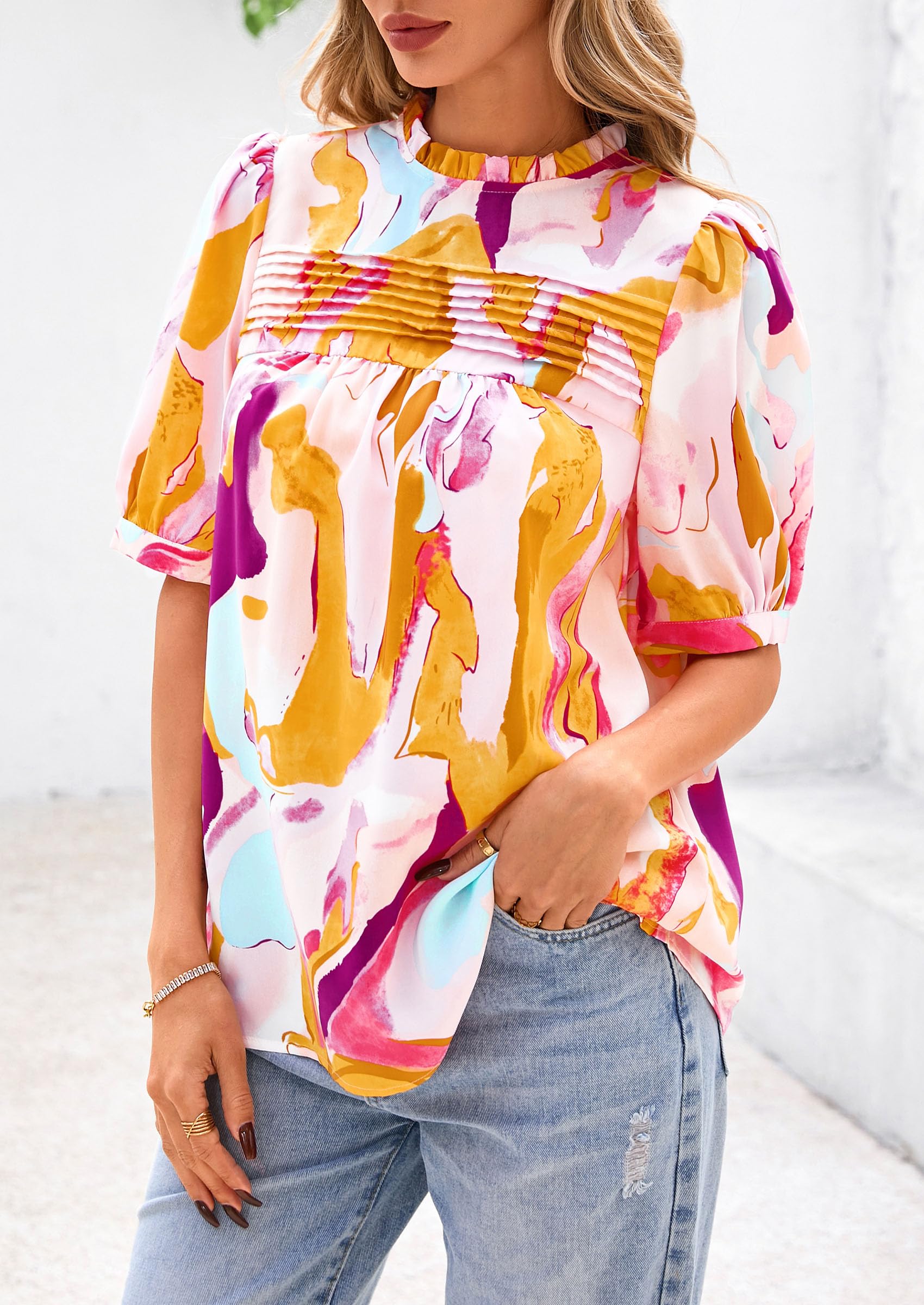 PRETTYGARDEN Floral Tops for Women Blouses Dressy Casual Summer Trendy Outfits Boho Pleated Short Sleeve Shirts