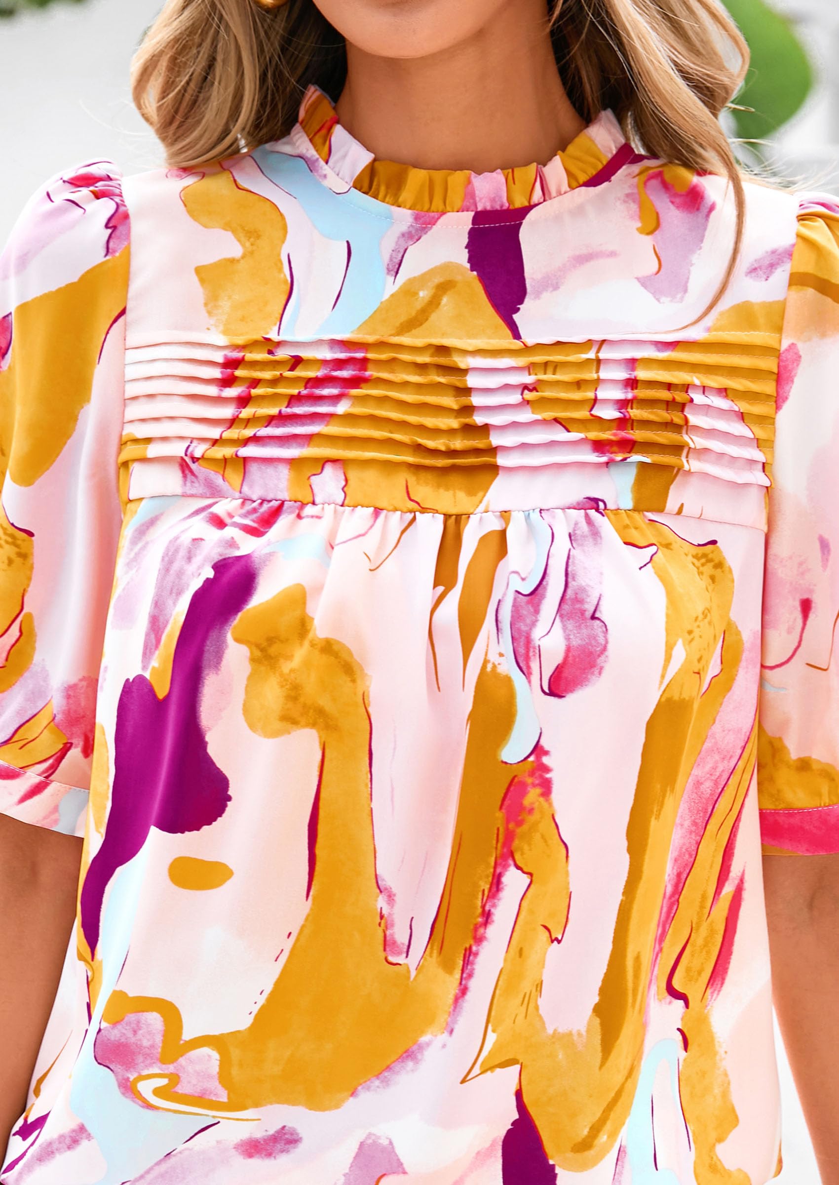 PRETTYGARDEN Floral Tops for Women Blouses Dressy Casual Summer Trendy Outfits Boho Pleated Short Sleeve Shirts