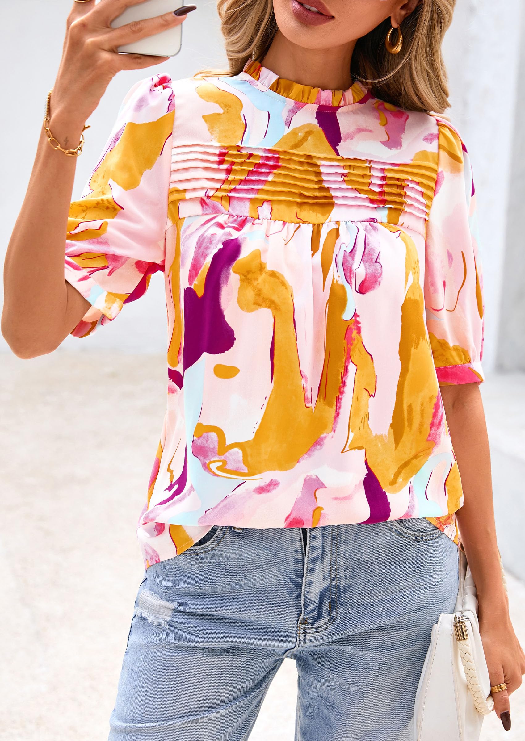 PRETTYGARDEN Floral Tops for Women Blouses Dressy Casual Summer Trendy Outfits Boho Pleated Short Sleeve Shirts