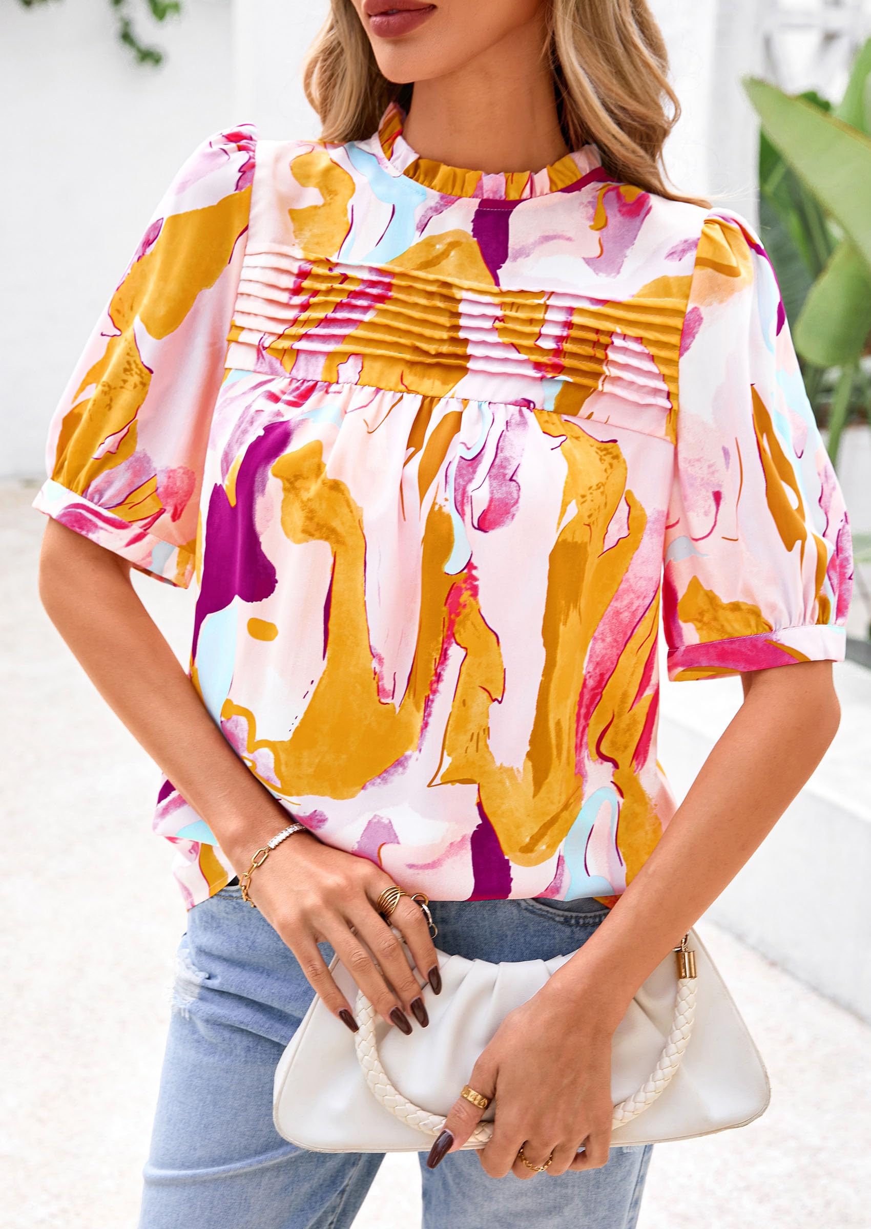 PRETTYGARDEN Floral Tops for Women Blouses Dressy Casual Summer Trendy Outfits Boho Pleated Short Sleeve Shirts